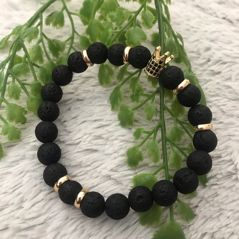 Handmade men,lava beads crown gold plated bracelet